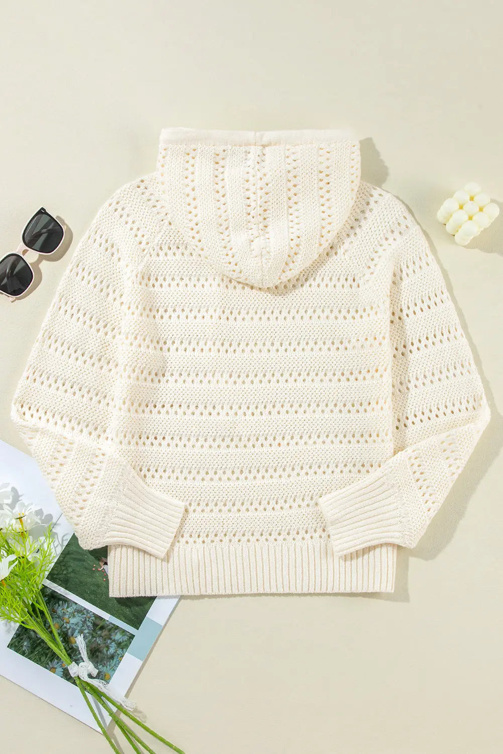 Peach Blossom Pointelle Knit Raglan Sleeve Hooded Sweater eAura