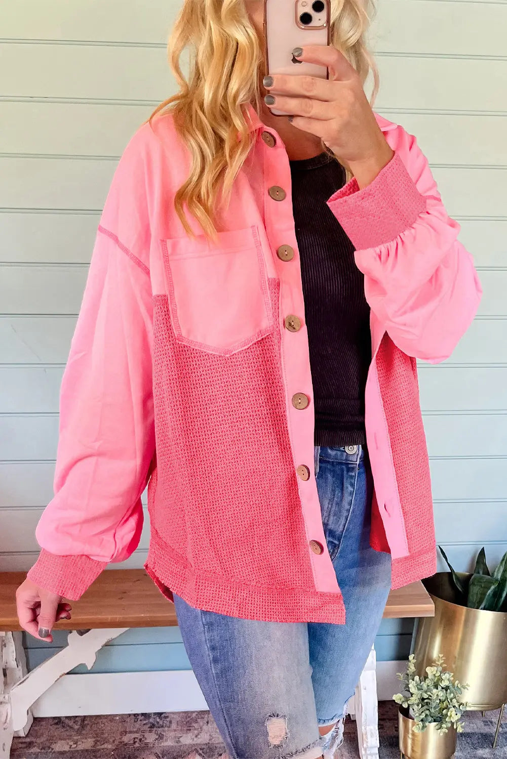 Peach Blossom Two Tone Contrast Waffle Knit Buttoned Loose Shacket Beagle Boutique Fashion Outlet