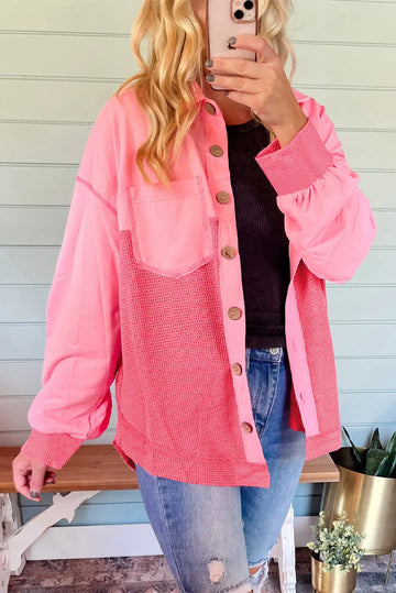 Peach Blossom Two Tone Contrast Waffle Knit Buttoned Loose Shacket Beagle Boutique Fashion Outlet