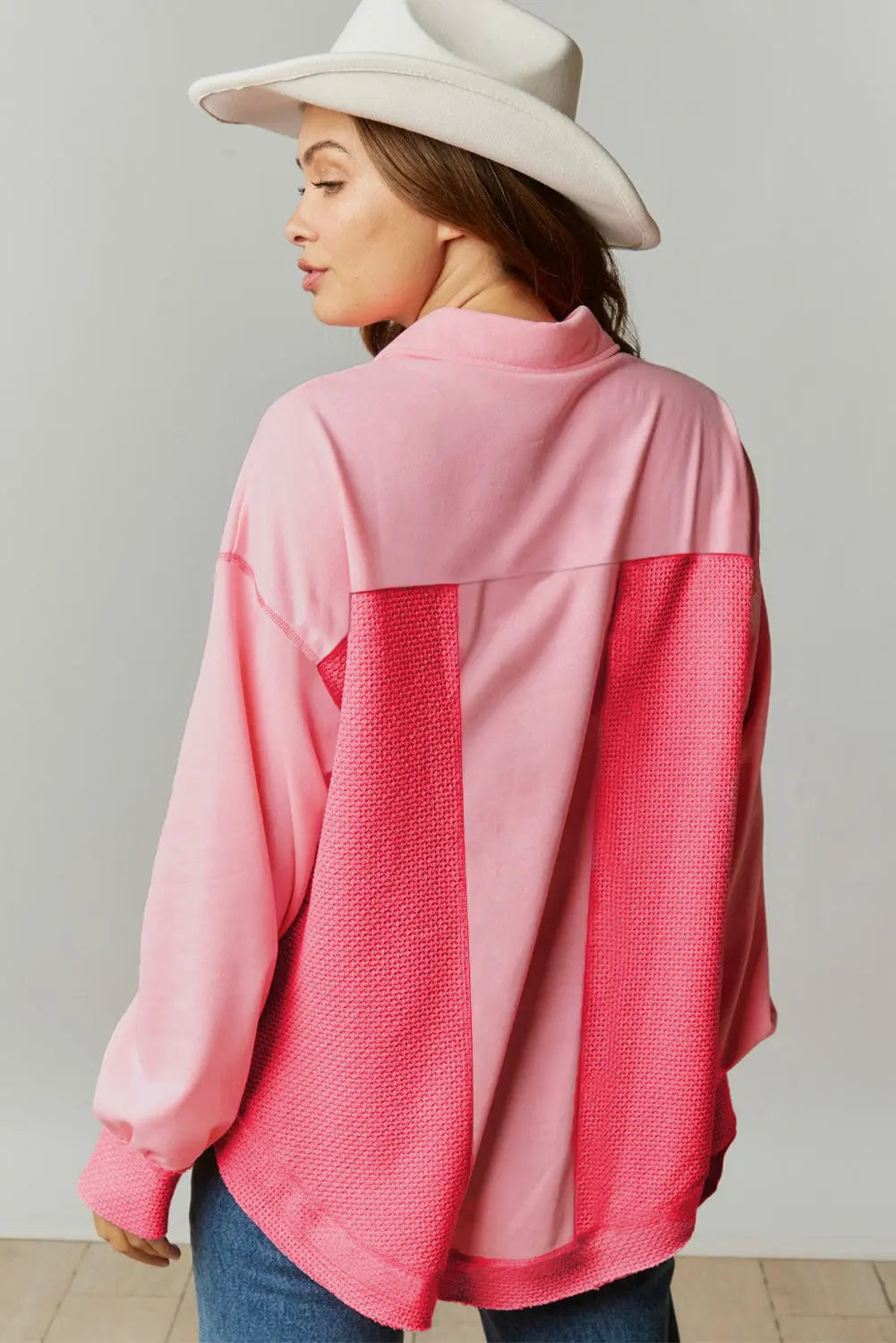 Peach Blossom Two Tone Contrast Waffle Knit Buttoned Loose Shacket Beagle Boutique Fashion Outlet