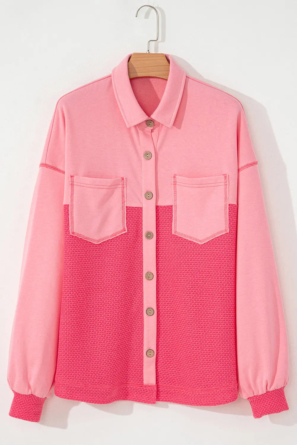Peach Blossom Two Tone Contrast Waffle Knit Buttoned Loose Shacket Beagle Boutique Fashion Outlet