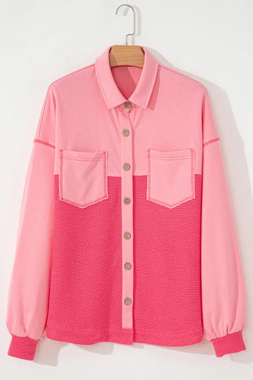 Shop Two Tone Contrast Waffle Knit Buttoned Loose Shacket at eAura