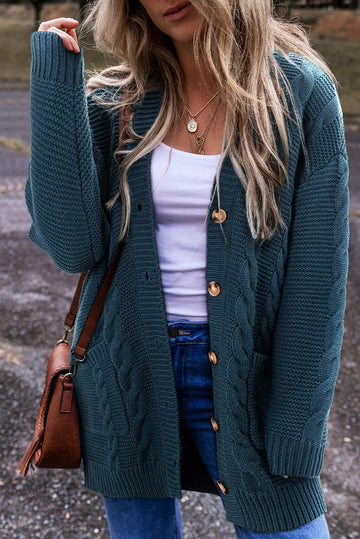 Peacock Blue Cable Knit Button Front Pocketed Baggy Cardigan Beagle Boutique Fashion Outlet