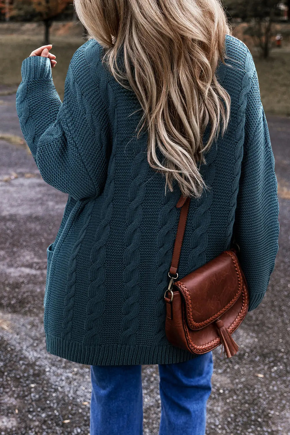 Peacock Blue Cable Knit Button Front Pocketed Baggy Cardigan Beagle Boutique Fashion Outlet