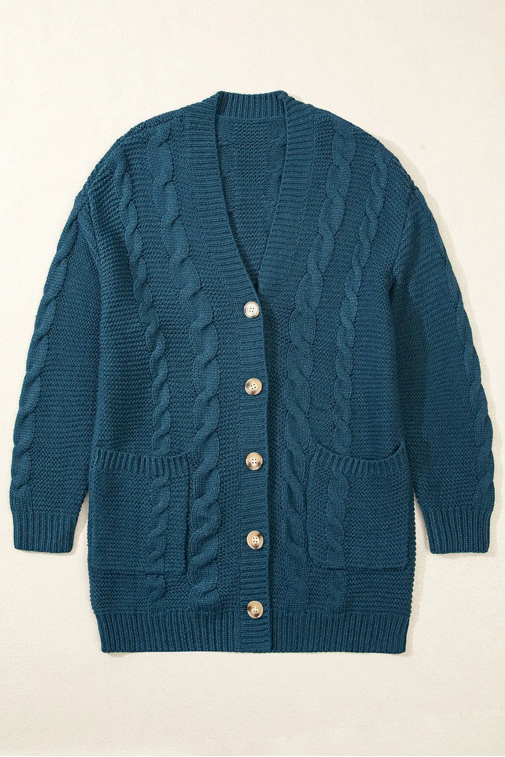 Peacock Blue Cable Knit Button Front Pocketed Baggy Cardigan Beagle Boutique Fashion Outlet