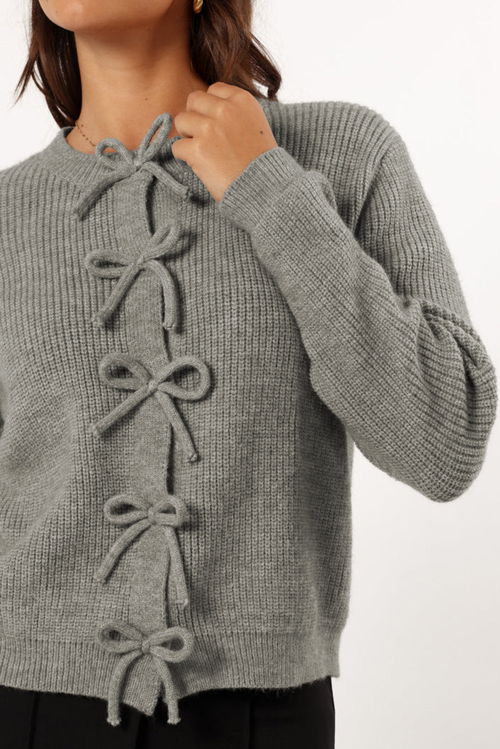 Philippine Grey Ribbed Knit Bow Front Buttoned Cardigan - PHILIPPINE GRAY / S / 50% VISCOSE + 28% POLYESTER + 22%