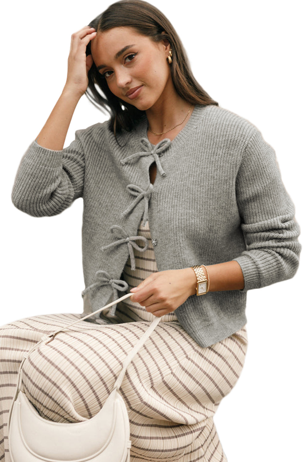 Philippine Grey Ribbed Knit Bow Front Buttoned Cardigan - Sweaters & Cardigans/Cardigans