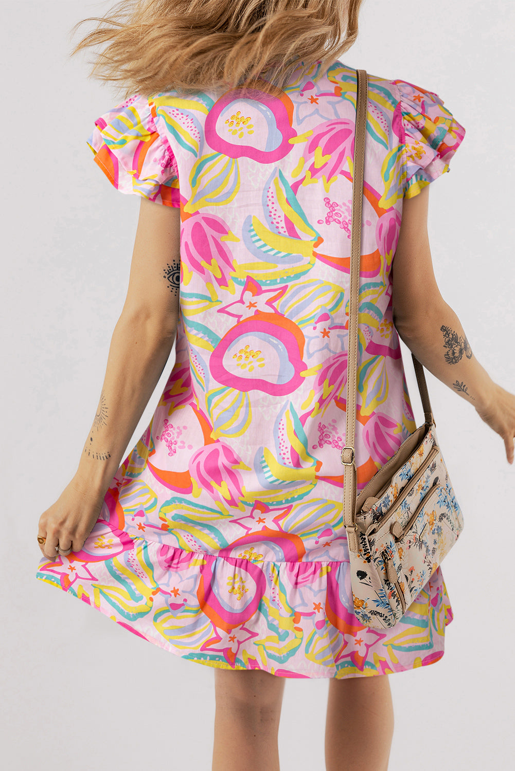 Pink Abstract Floral Ruffle Trim Flutter Sleeve Buttoned Dress - eAura