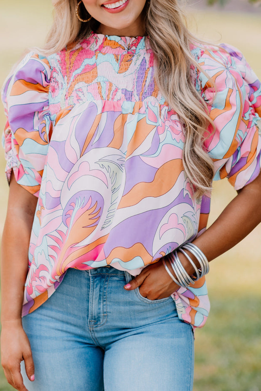 Pink Abstract Print Bubble Sleeve Smock Detail Blouse - eAura
