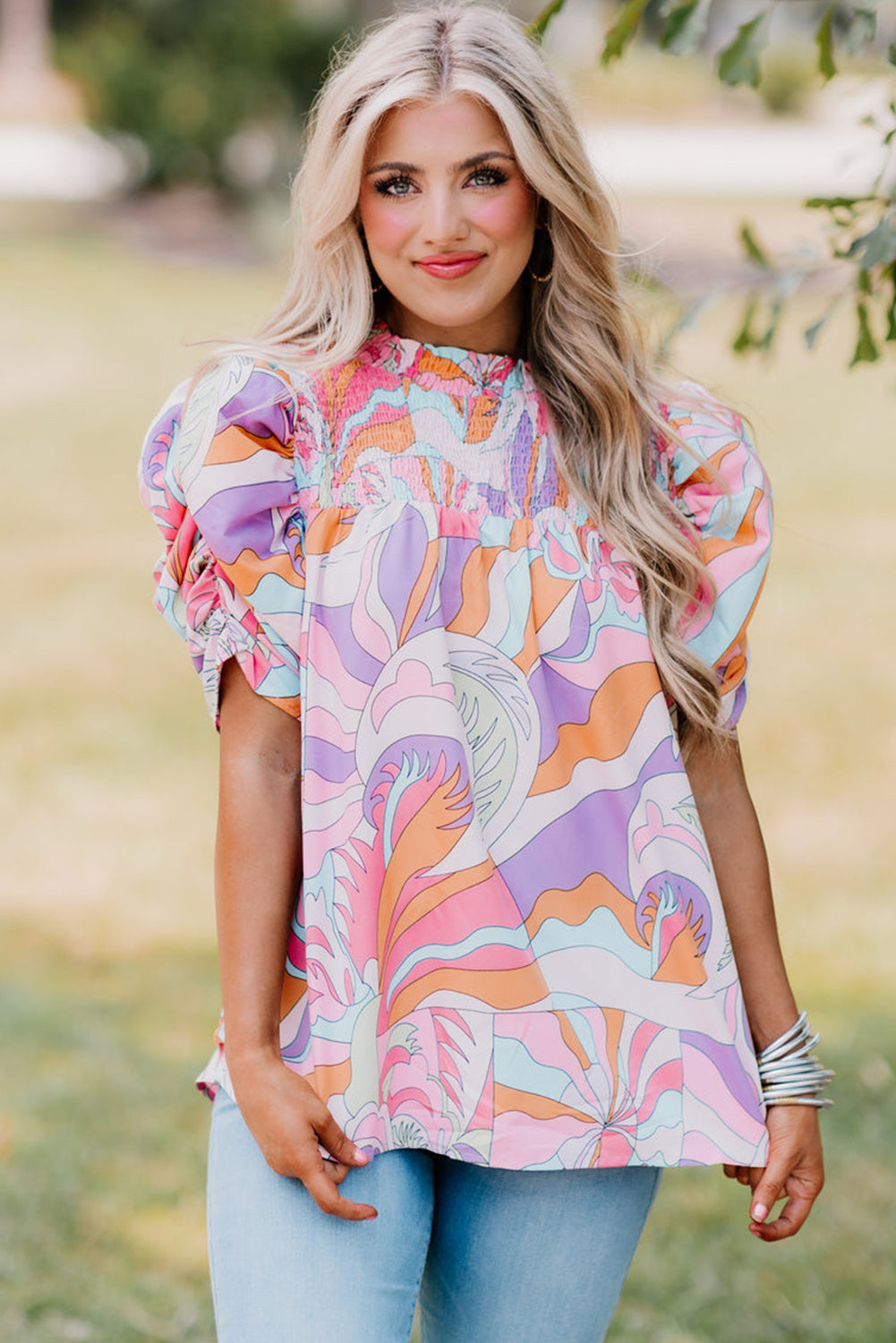 Pink Abstract Print Bubble Sleeve Smock Detail Blouse - eAura