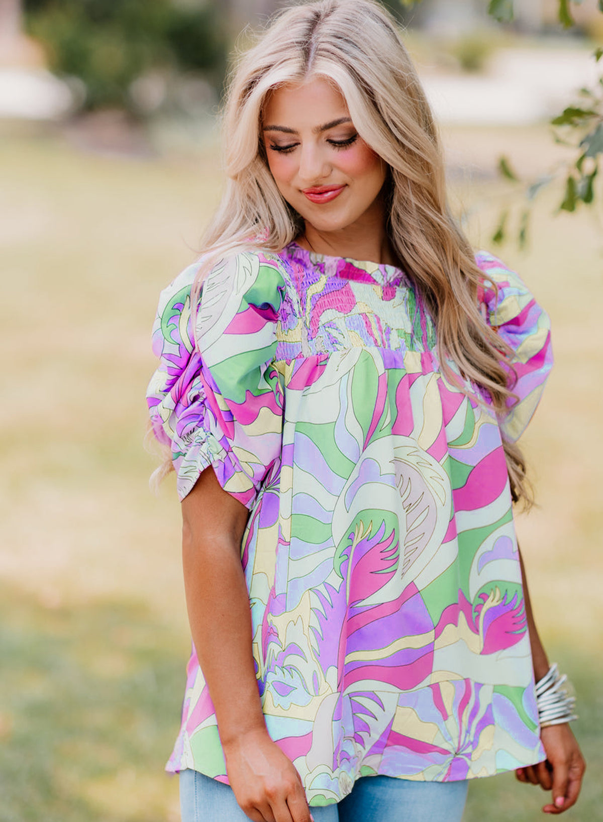 Pink Abstract Print Bubble Sleeve Smock Detail Blouse - eAura