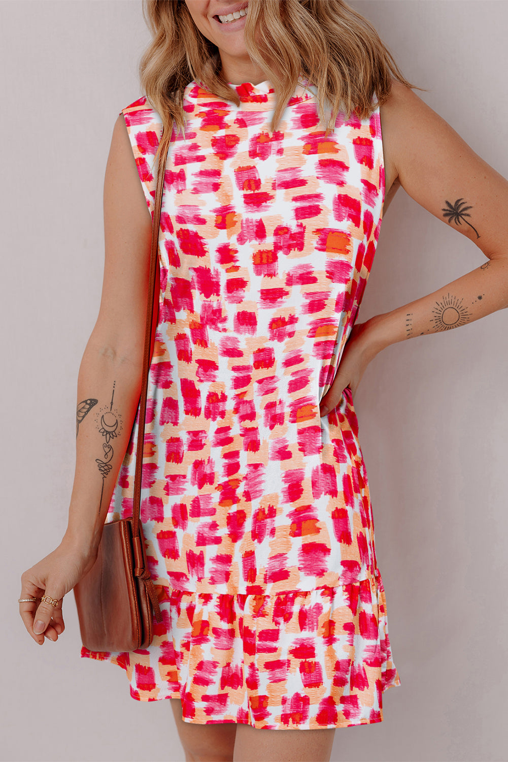 Pink Abstract Print Frilly Neck Sleeveless Mini Dress - eAura