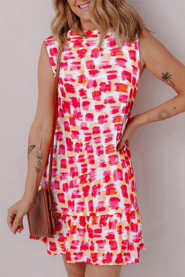 Pink Abstract Print Frilly Neck Sleeveless Mini Dress - eAura
