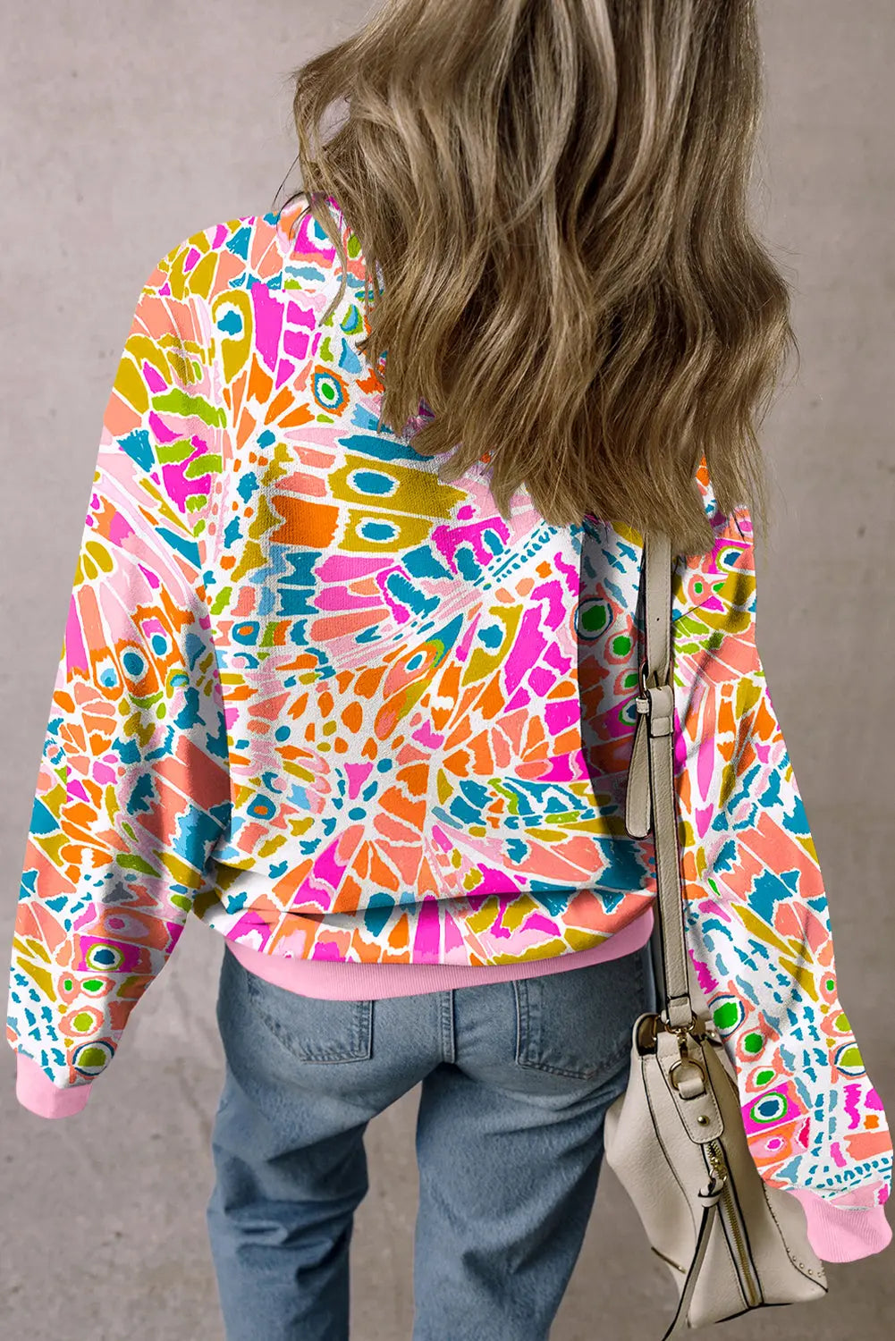 Pink Abstract Printed Drop Shoulder Loose Sweatshirt Beagle Boutique Fashion Outlet
