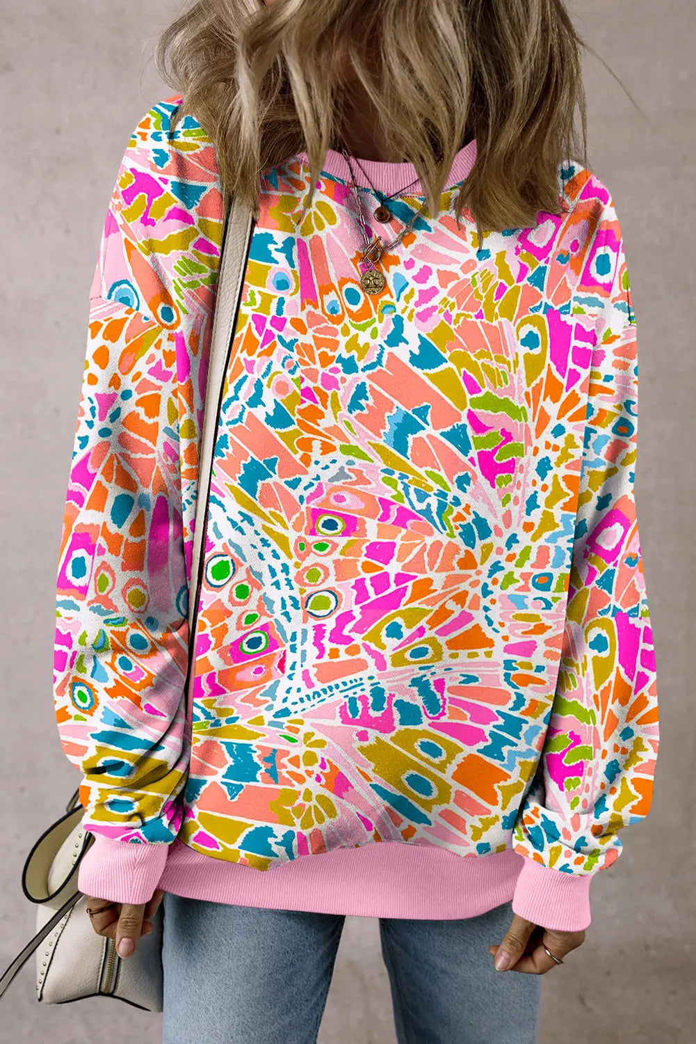 Pink Abstract Printed Drop Shoulder Loose Sweatshirt Beagle Boutique Fashion Outlet