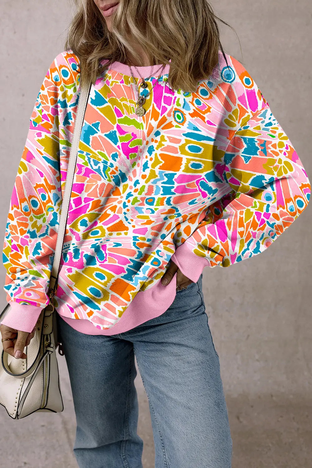 Pink Abstract Printed Drop Shoulder Loose Sweatshirt Beagle Boutique Fashion Outlet