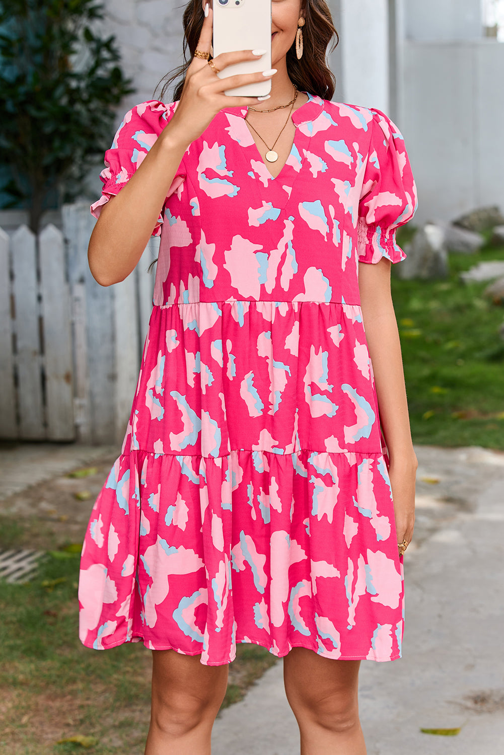 Pink Abstract Printed Puff Short Sleeve Tiered Loose Dress - eAura