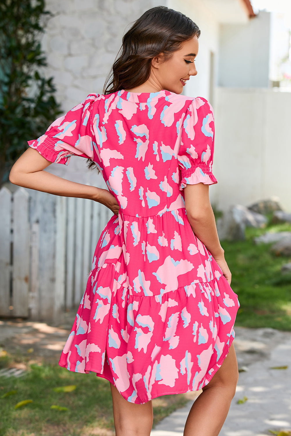 Pink Abstract Printed Puff Short Sleeve Tiered Loose Dress - eAura
