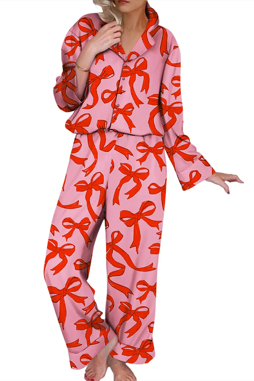Pink Allover Bow Print Button Up and Loose Trousers Pajama Set - eAura