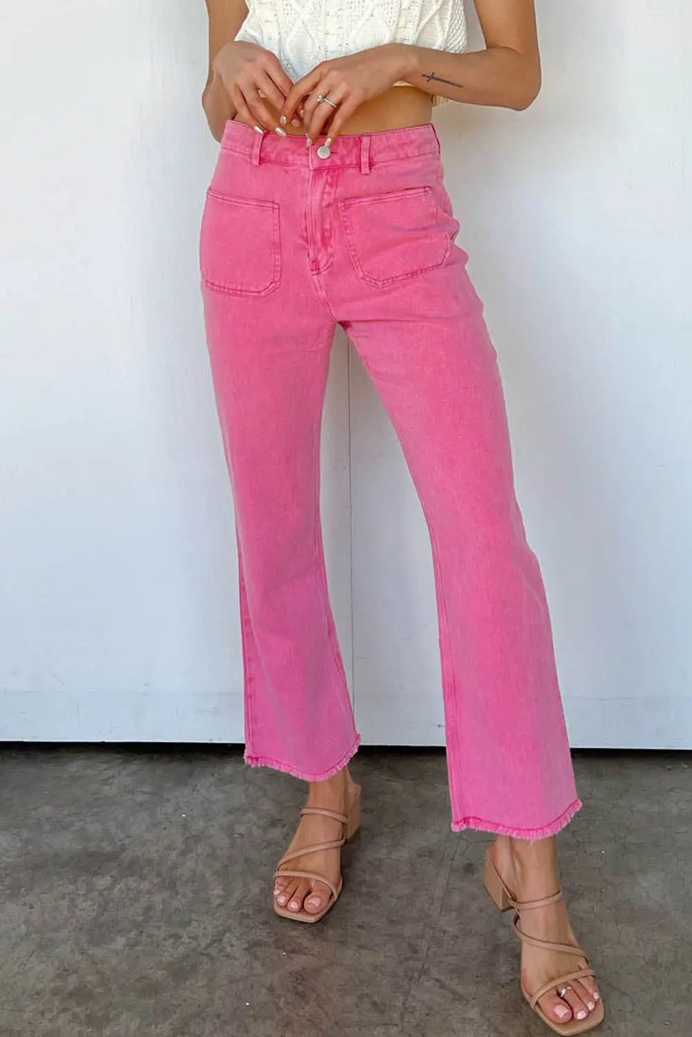 Pink Ankle-length Flare Leg Raw Hem Jeans eAura