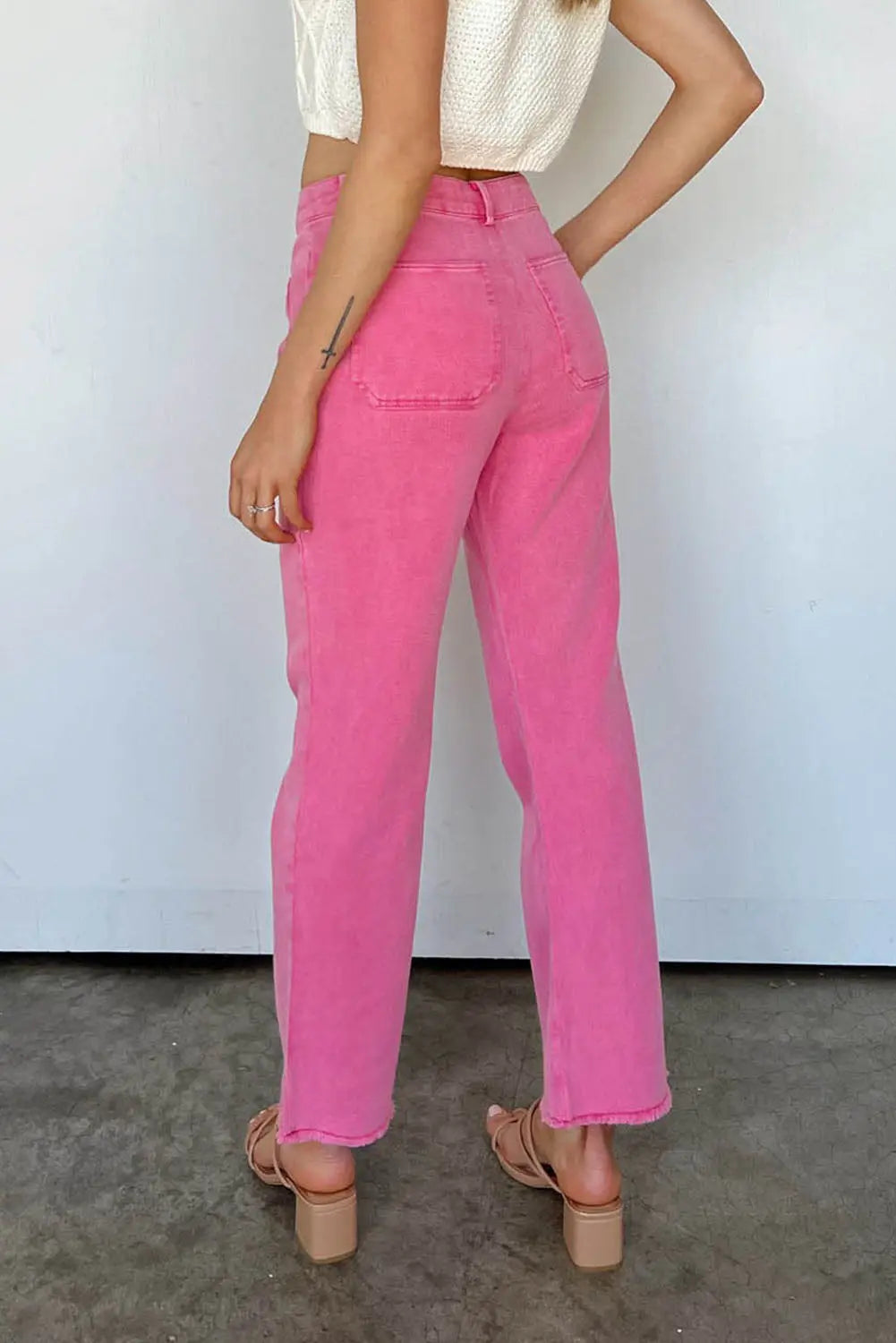 Pink Ankle-length Flare Leg Raw Hem Jeans eAura
