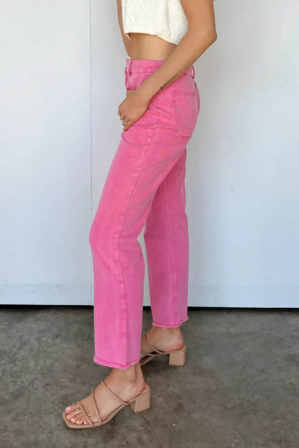 Pink Ankle-length Flare Leg Raw Hem Jeans eAura