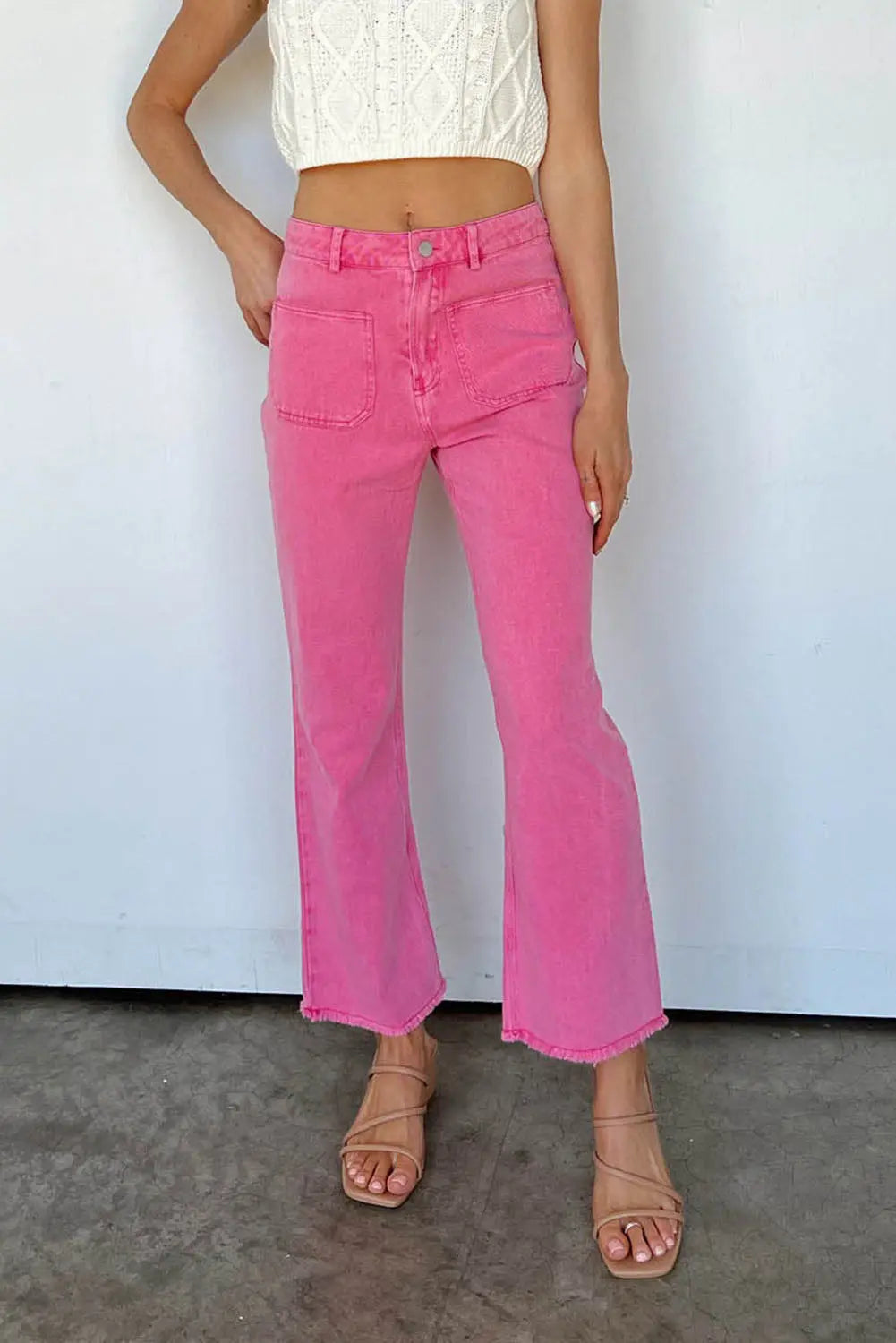 Pink Ankle-length Flare Leg Raw Hem Jeans eAura