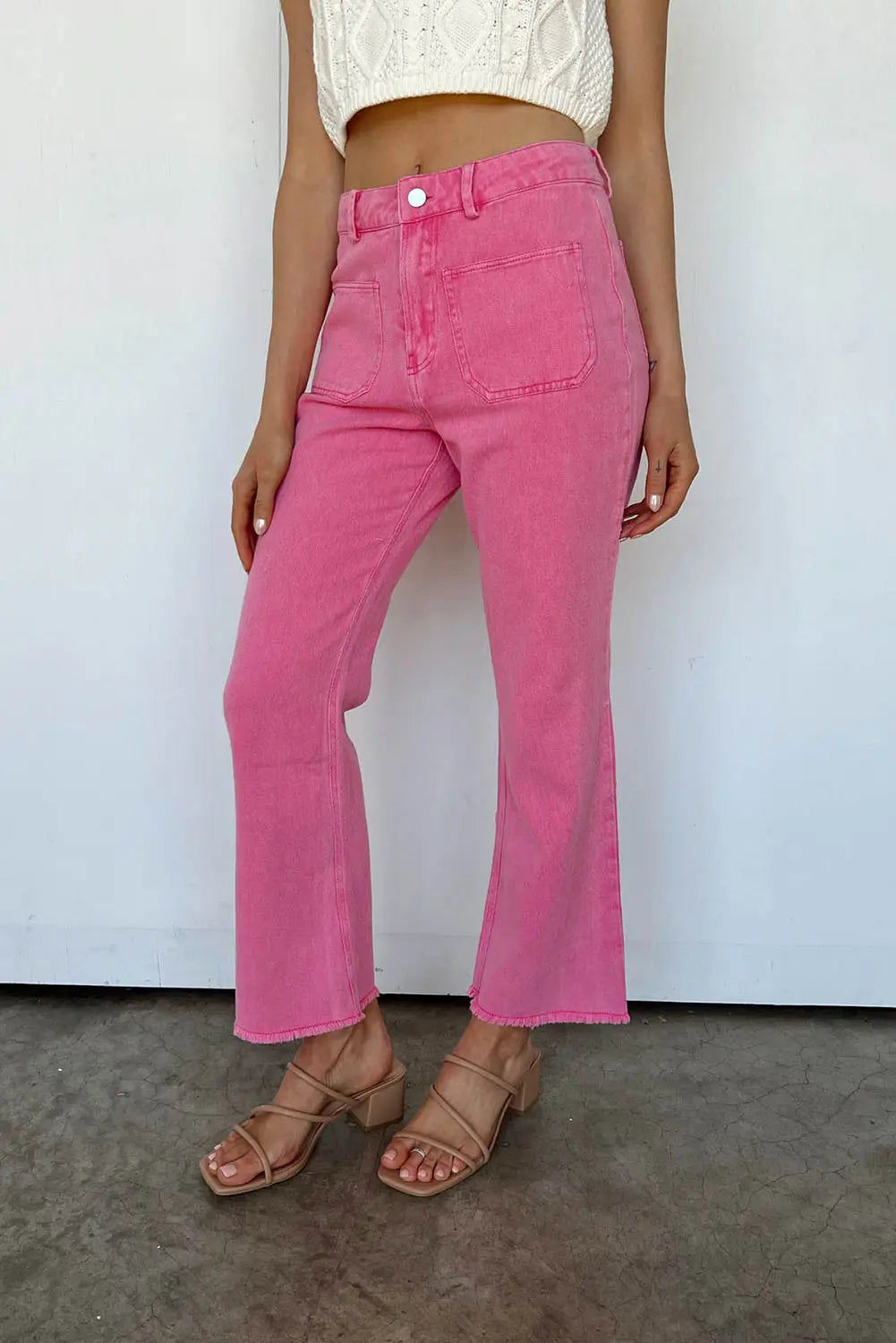 Pink Ankle-length Flare Leg Raw Hem Jeans eAura