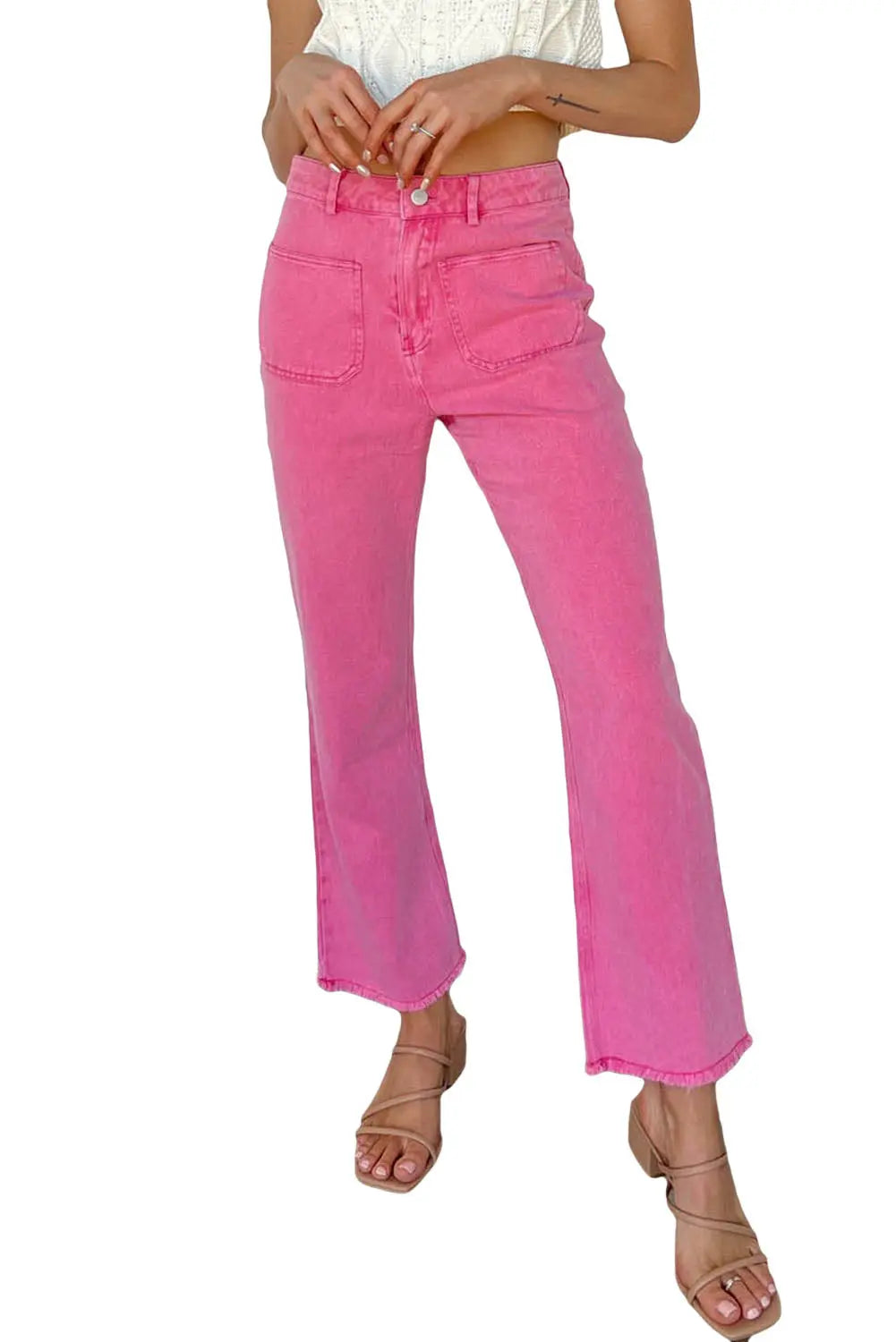 Pink Ankle-length Flare Leg Raw Hem Jeans eAura