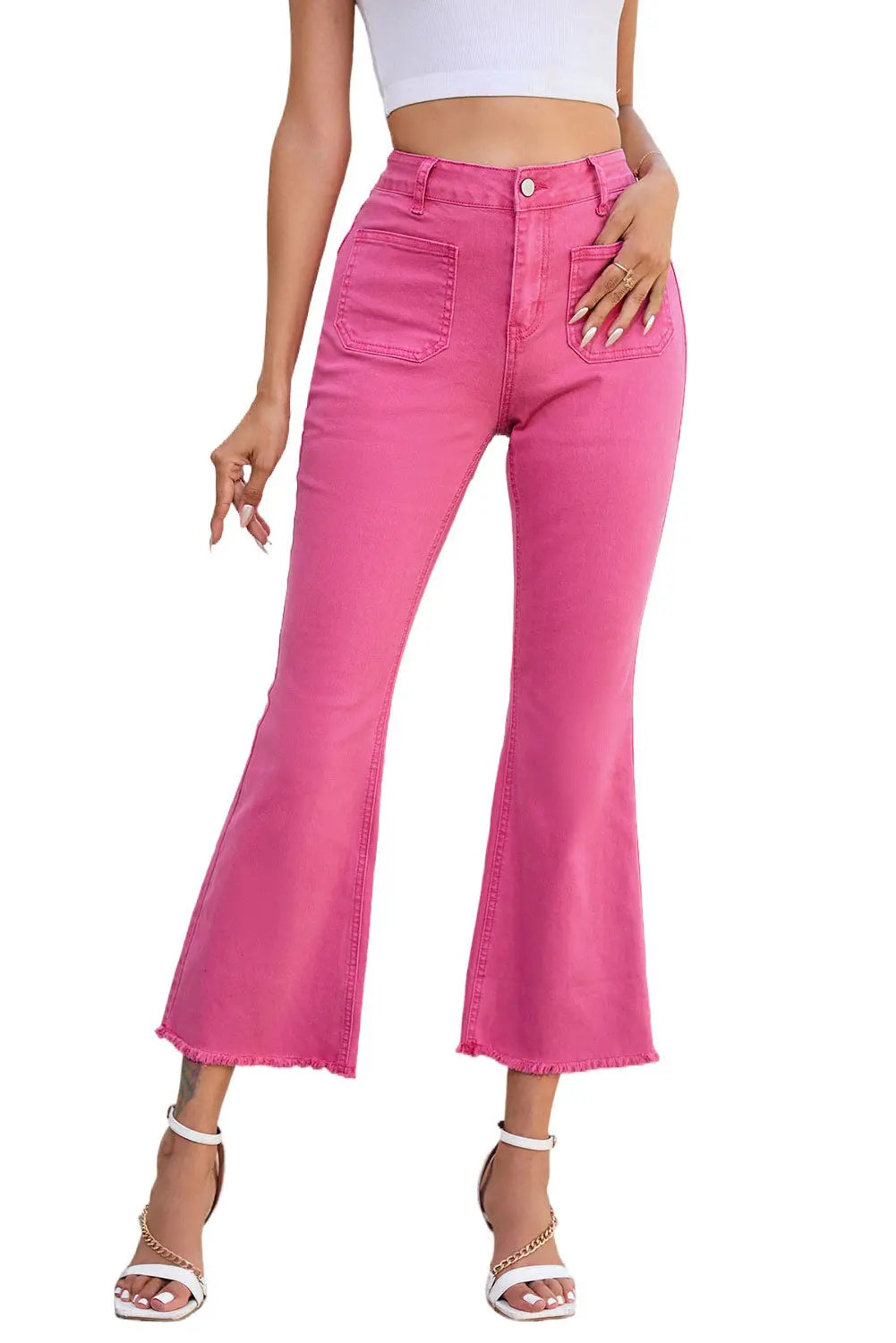 Pink Ankle-length Flare Leg Raw Hem Jeans eAura