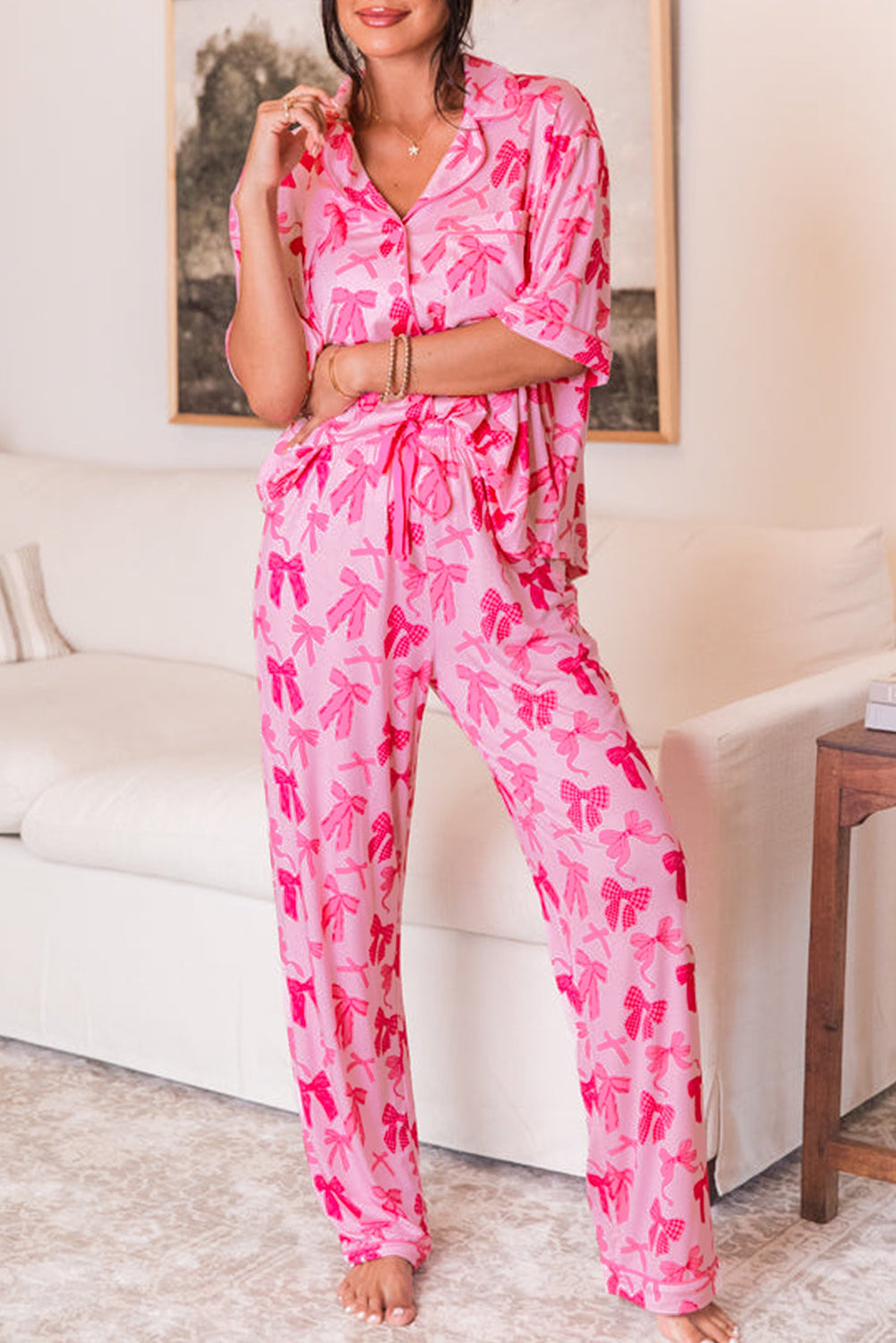 Pink Bow Knot Print Lapel Collar Short Sleeve and Trousers Pyjamas Set - eAura