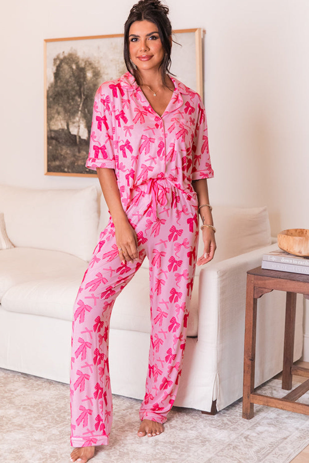 Pink Bow Knot Print Lapel Collar Short Sleeve and Trousers Pyjamas Set - eAura