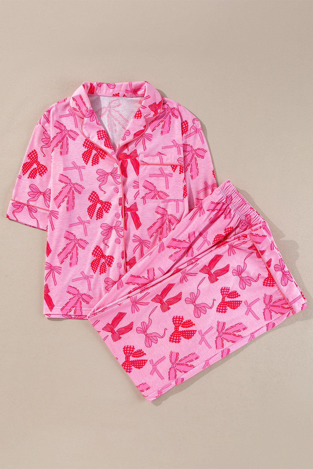 Pink Bow Knot Print Lapel Collar Short Sleeve and Trousers Pyjamas Set - eAura
