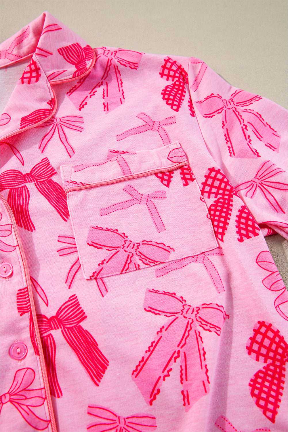 Pink Bow Knot Print Lapel Collar Short Sleeve and Trousers Pyjamas Set - eAura