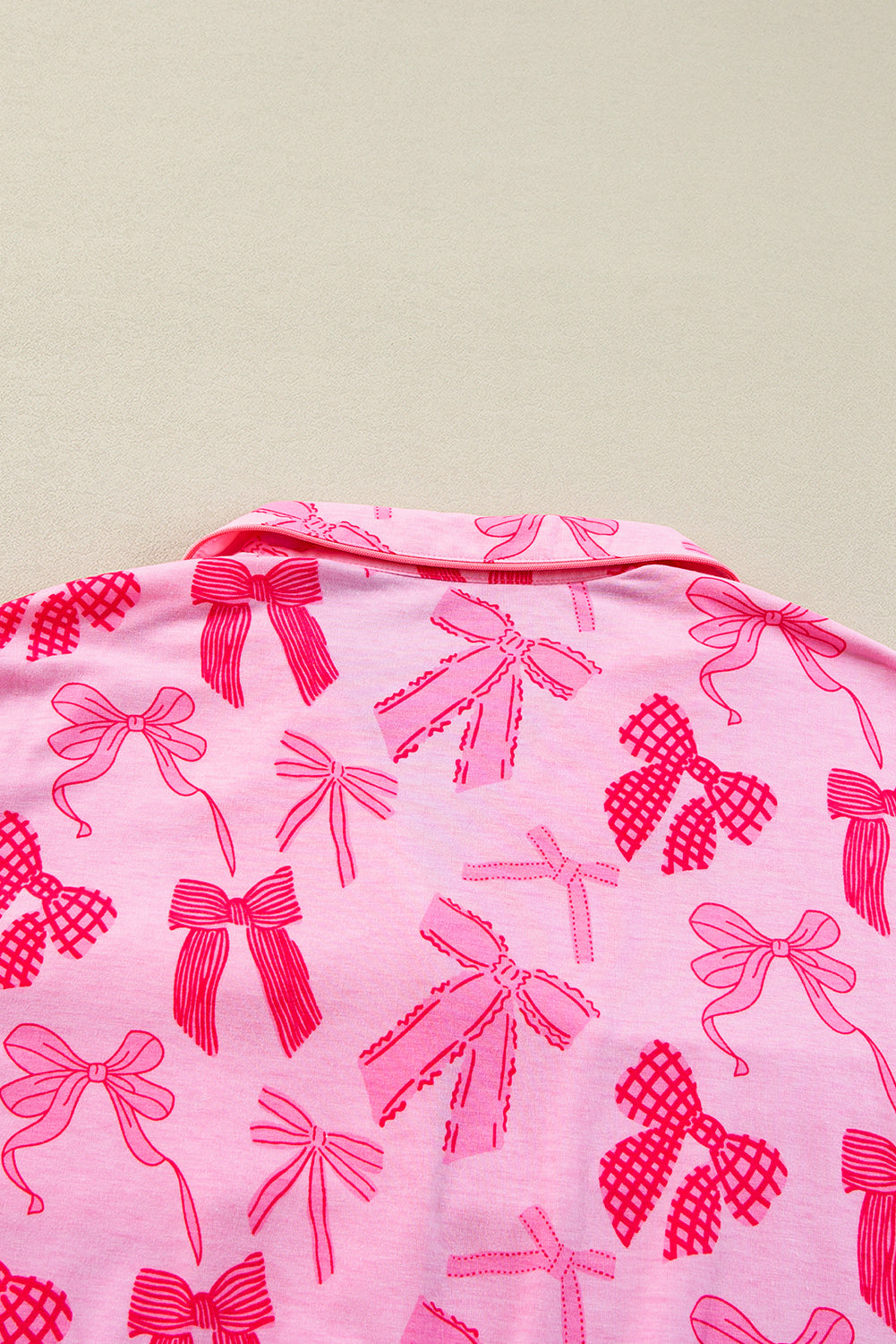 Pink Bow Knot Print Lapel Collar Short Sleeve and Trousers Pyjamas Set - eAura