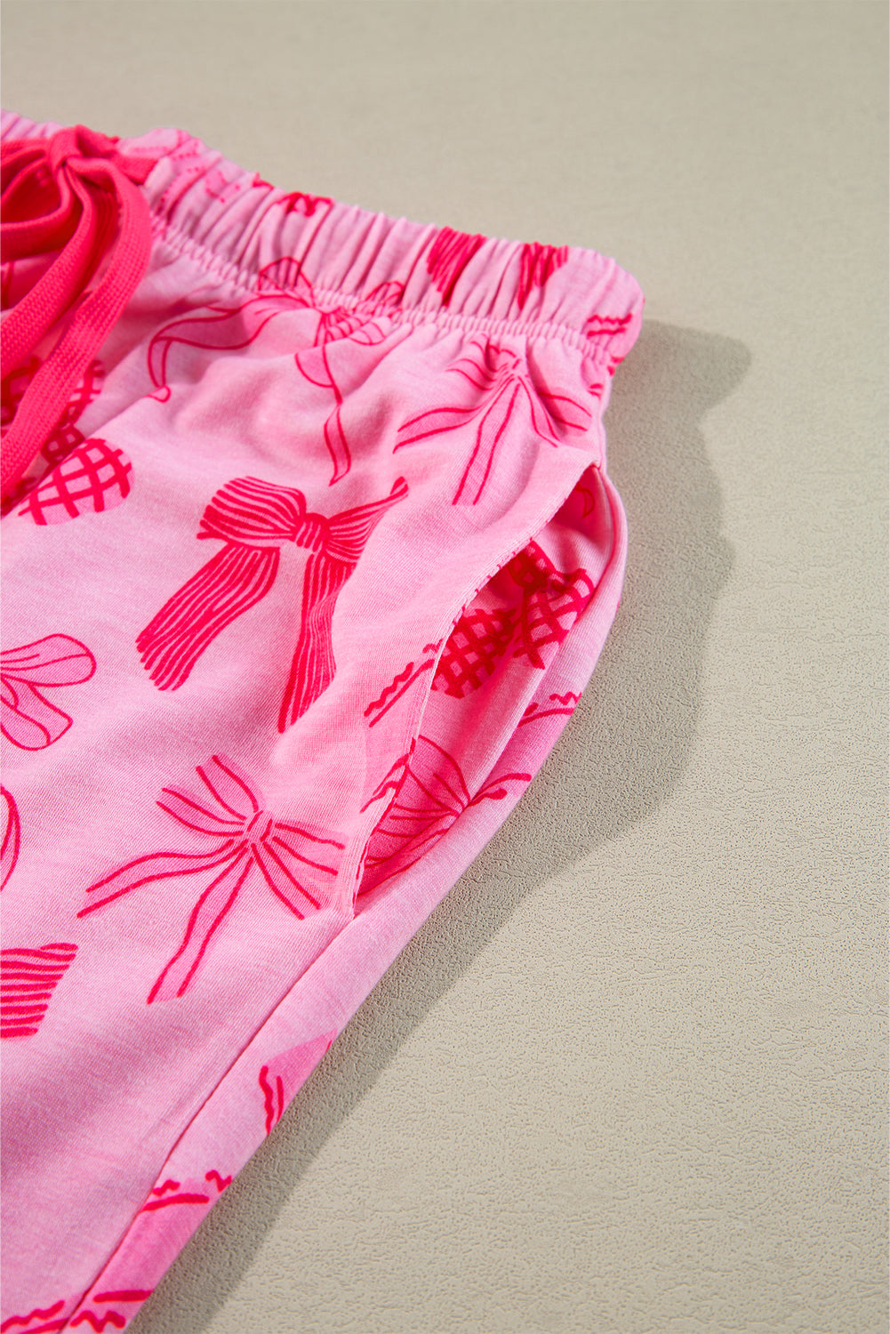 Pink Bow Knot Print Lapel Collar Short Sleeve and Trousers Pyjamas Set - eAura