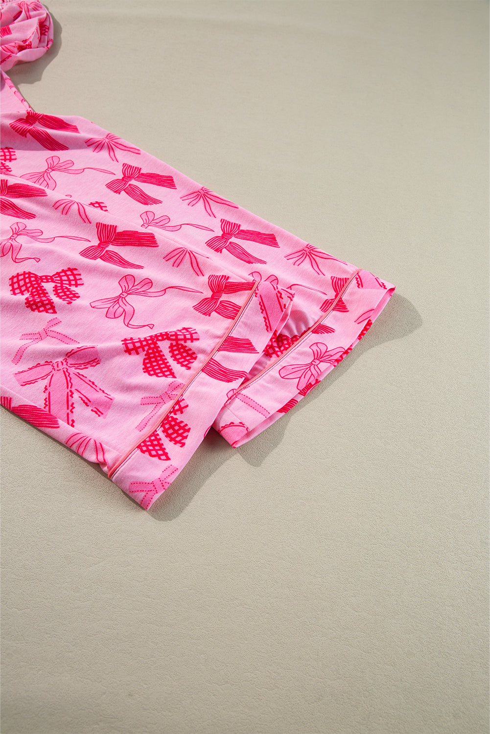 Pink Bow Knot Print Lapel Collar Short Sleeve and Trousers Pyjamas Set - eAura