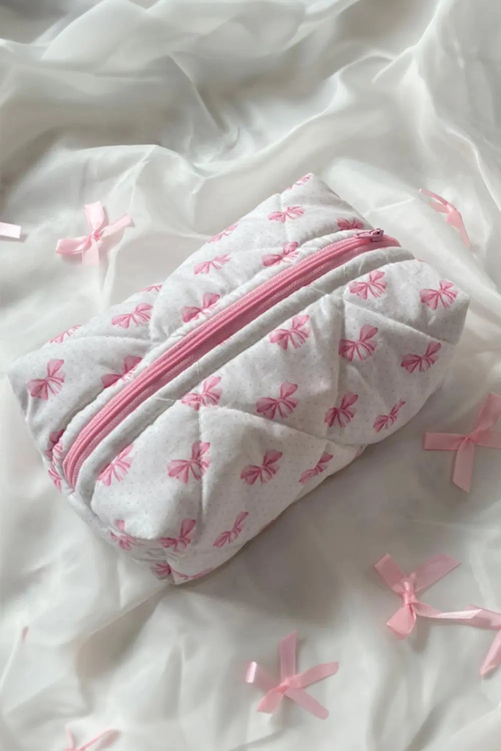 Pink Bow Knot Quilted Zipper Makeup Bag - eAura