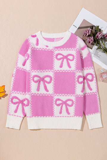 Pink Bow Knot Two Tone Checkered Crew Neck Sweater - PINK / S / 50% VISCOSE + 28% POLYESTER + 22% POLYAMIDE - Sweaters
