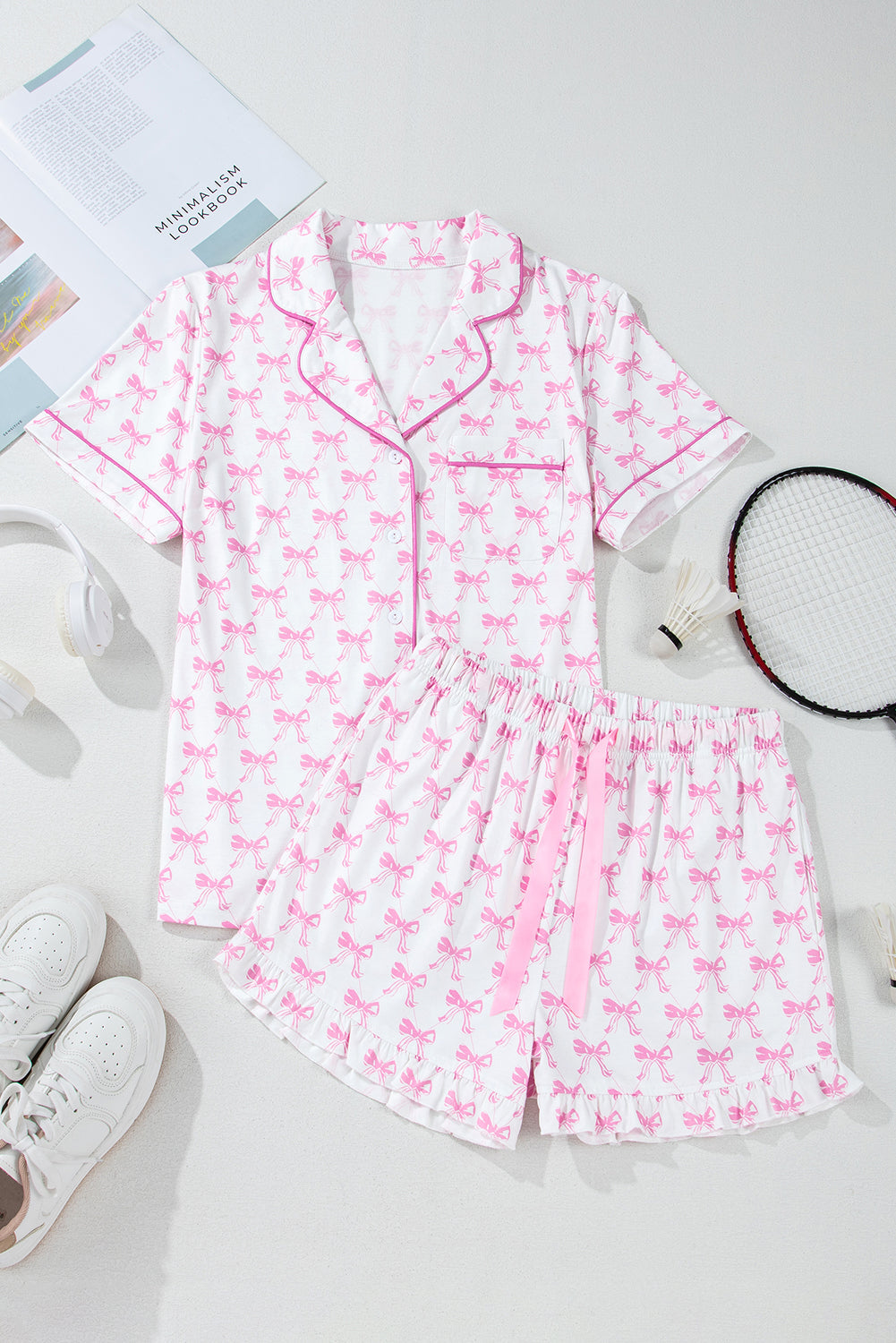 Pink Bowknot Printed Short Sleeve and Ruffled Shorts Valentines Pyjama Set - eAura