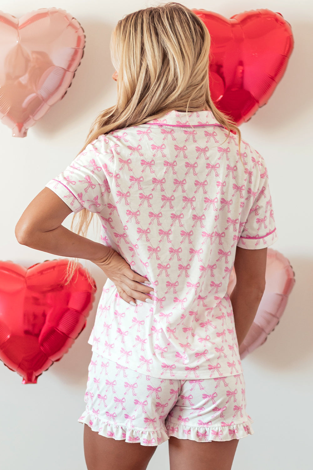Pink Bowknot Printed Short Sleeve and Ruffled Shorts Valentines Pyjama Set - eAura