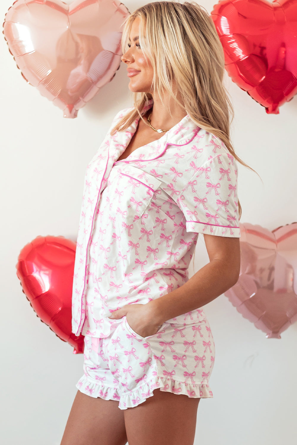 Pink Bowknot Printed Short Sleeve and Ruffled Shorts Valentines Pyjama Set - eAura