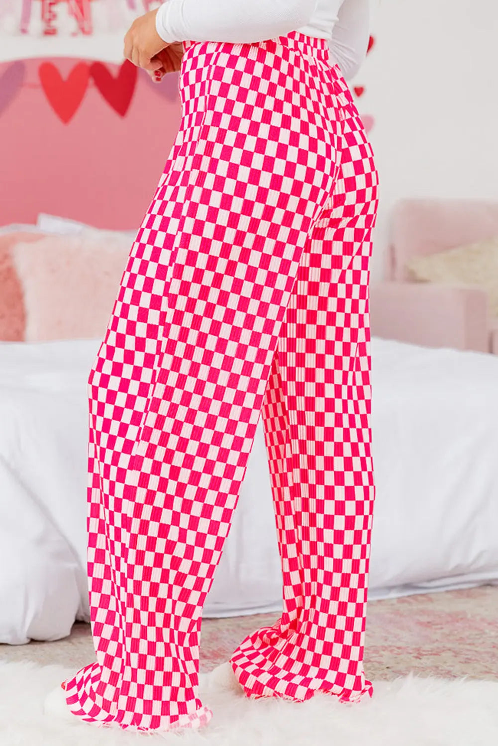 Pink Checkered Buttoned Shirt and High Waist Trousers Pajama Set eAura
