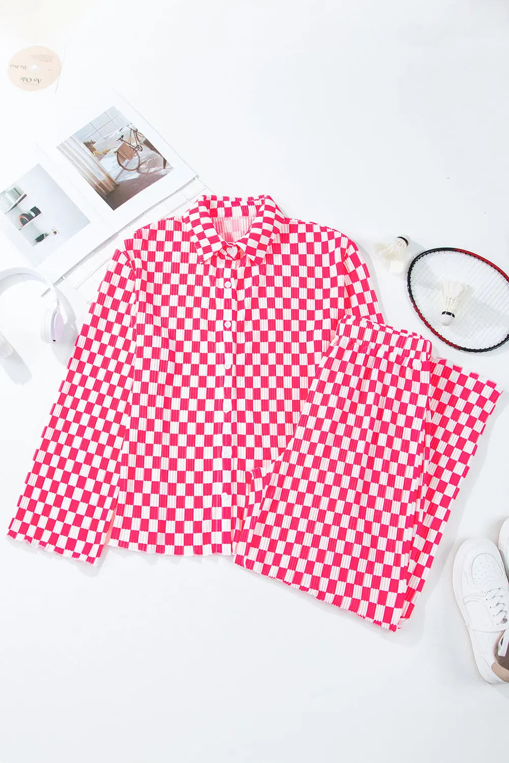 Pink Checkered Buttoned Shirt and High Waist Trousers Pajama Set eAura