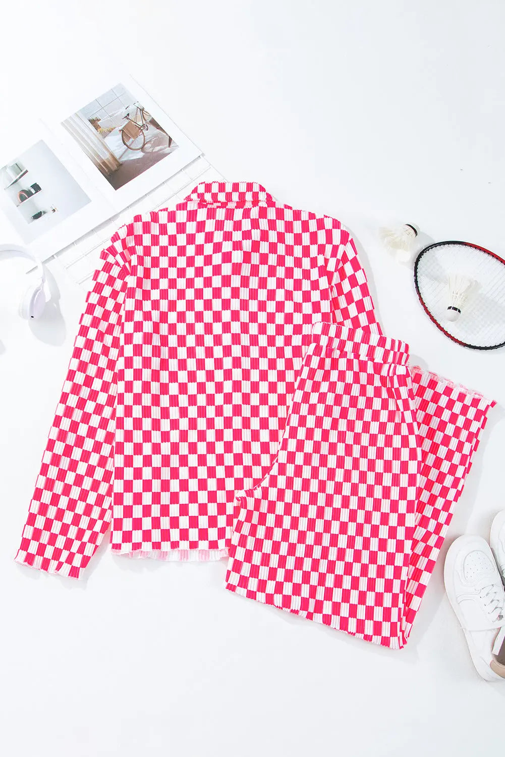Pink Checkered Buttoned Shirt and High Waist Trousers Pajama Set eAura