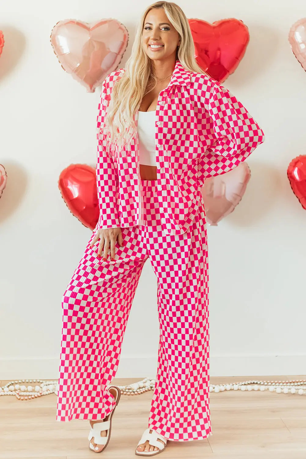 Pink Checkered Buttoned Shirt and High Waist Trousers Pajama Set eAura
