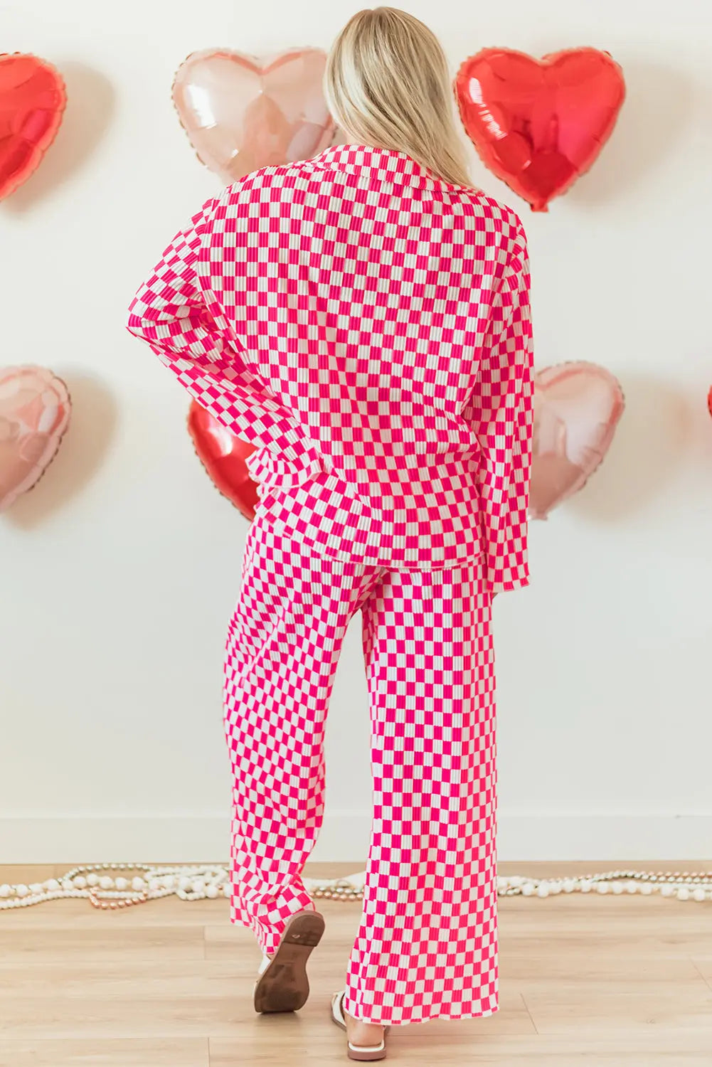 Pink Checkered Buttoned Shirt and High Waist Trousers Pajama Set eAura
