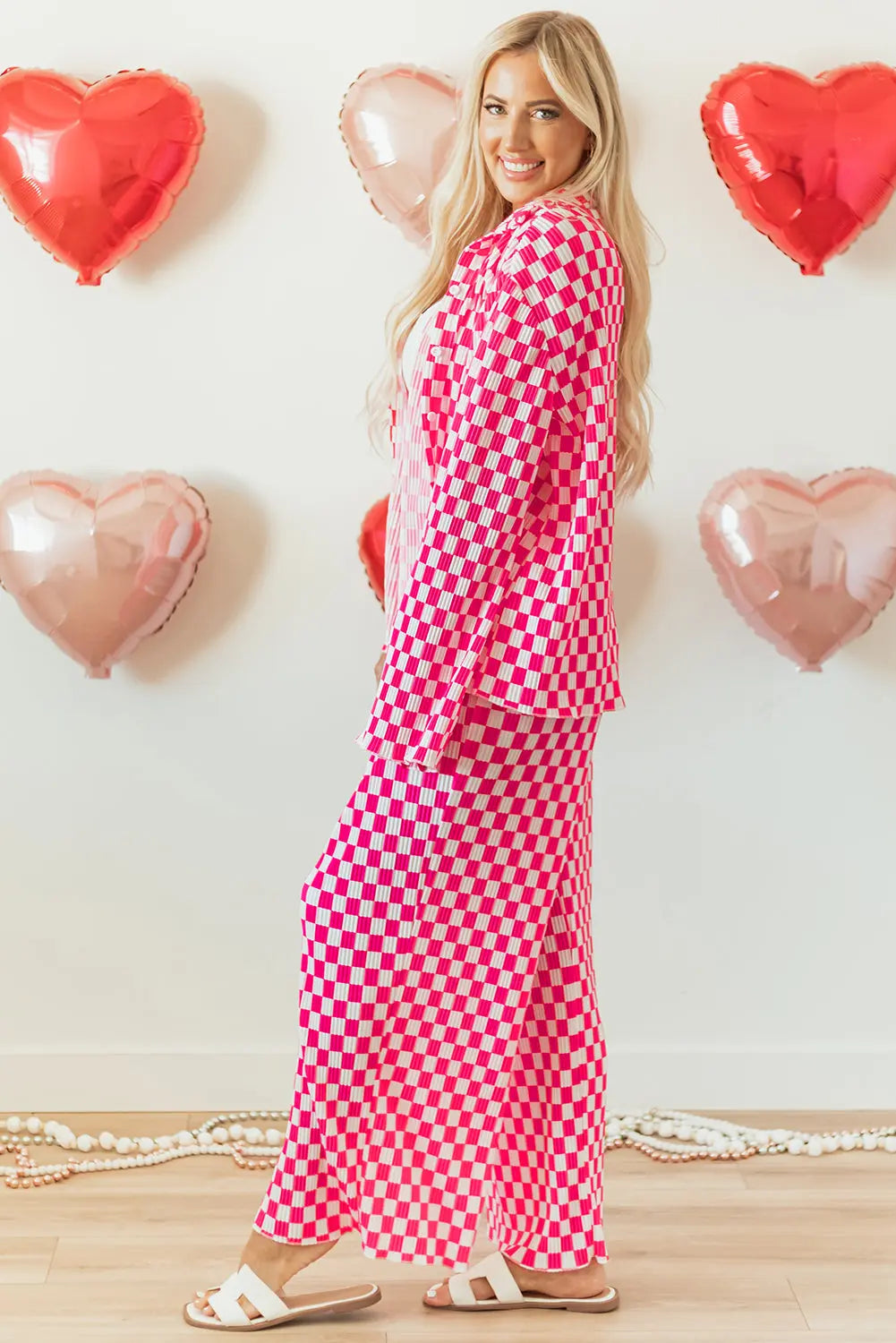 Pink Checkered Buttoned Shirt and High Waist Trousers Pajama Set eAura
