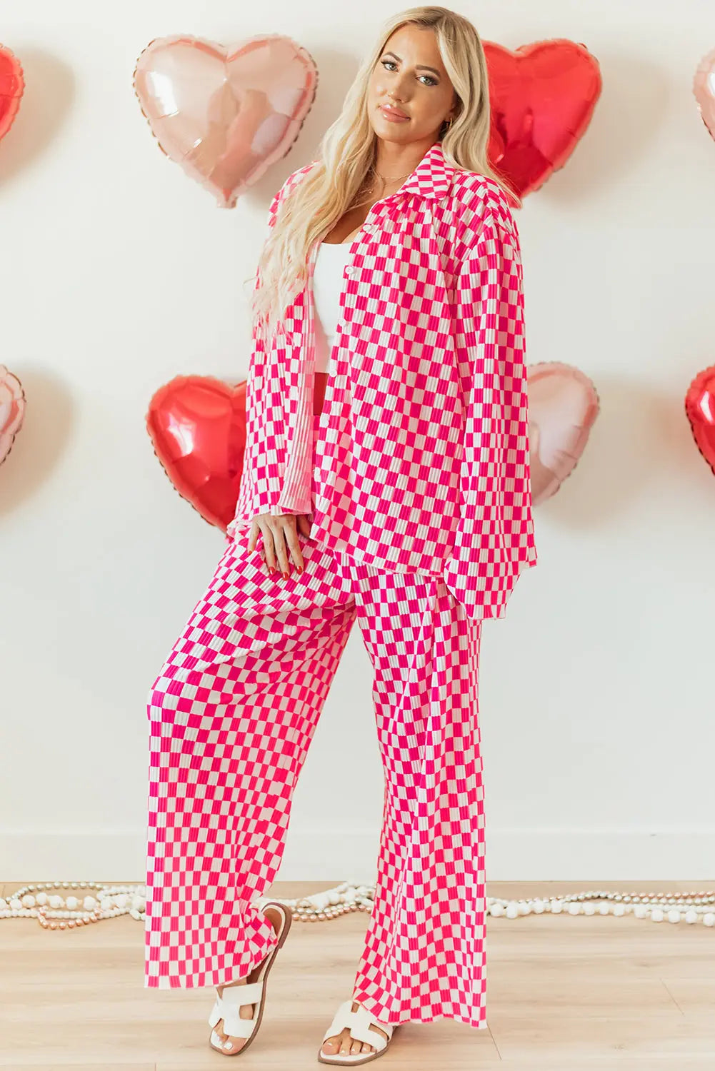 Pink Checkered Buttoned Shirt and High Waist Trousers Pajama Set eAura