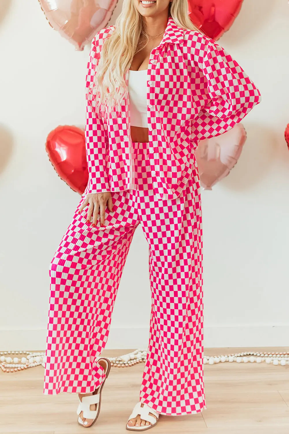 Pink Checkered Buttoned Shirt and High Waist Trousers Pajama Set eAura